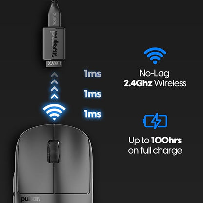 Pulsar Gaming Gears X2H mini Wireless Gaming Mouse, Ultra Lightweight 1.83 oz (52 g), Symmetrical, Optical Switch, 2.4 Ghz 1 ms, 26000 DPI, PAW3395 Sensor (Mini, Wireless, Black)