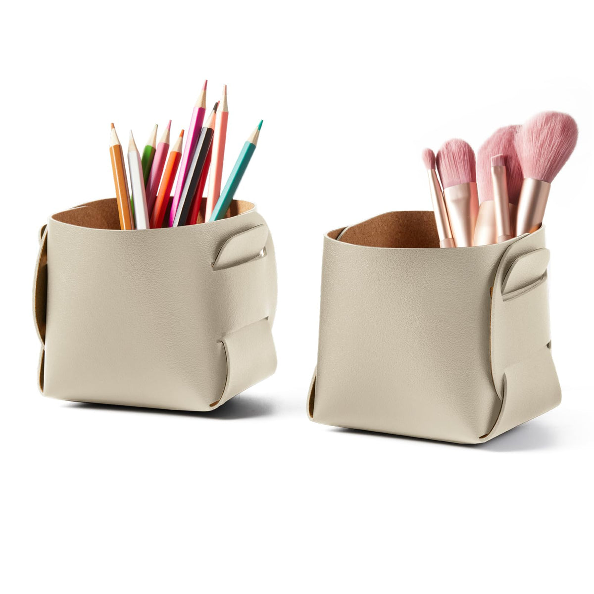 HOMIEAZICOZI 2-Pack Cork Leather Desk Accessories Storage - Pencil Pen Holder - Makeup Brush Holder Organizer - Stylish Addition to Home Decor (Light Green)