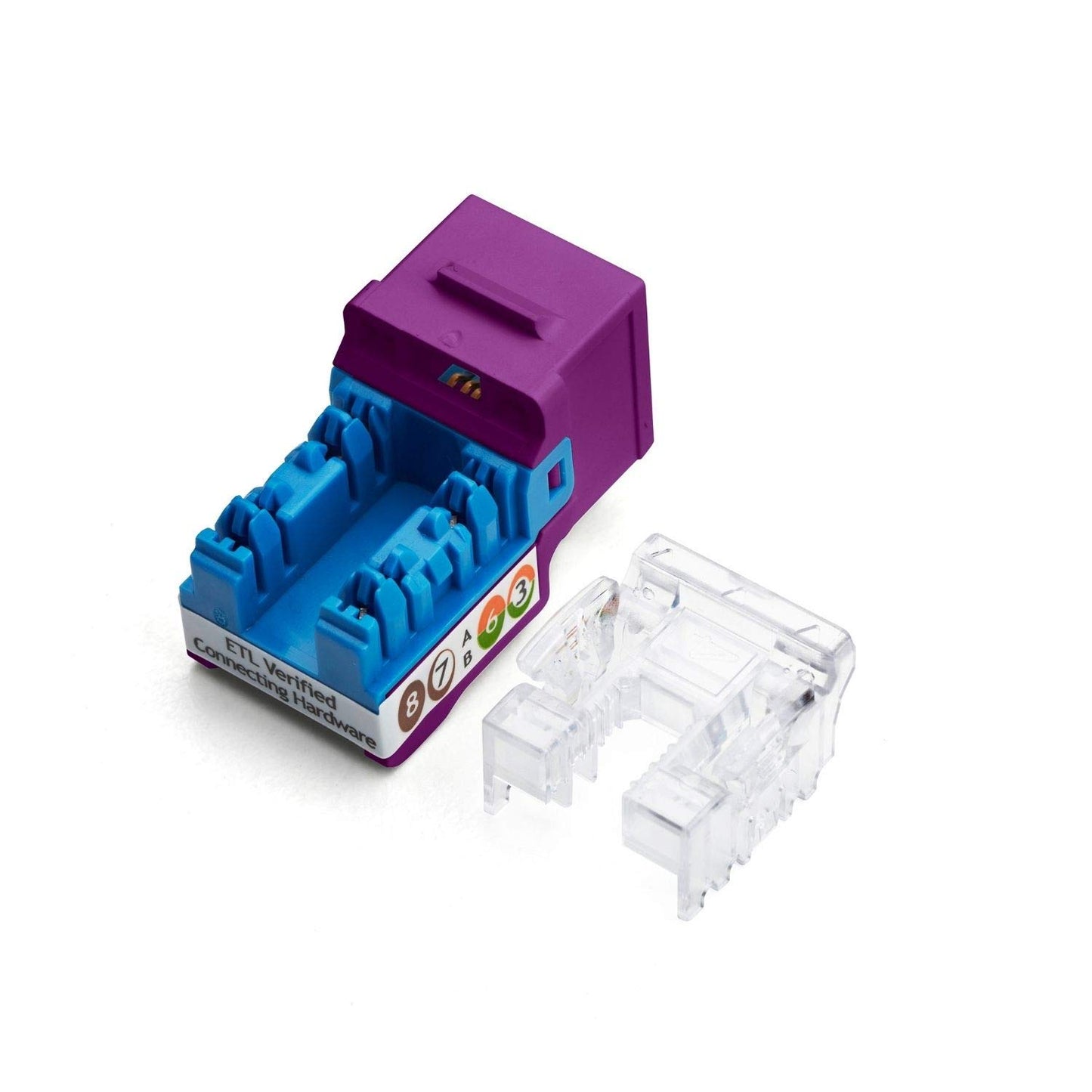 TRUE CABLE Cat5e Keystone Jack, Unshielded (UTP), 90 Degree Punch-Down, PoE++ (4PPoE) 100W, UL Listed, ETL Verified, ANSI/TIA Certified, Modular RJ45 Female, Purple, 48 Pack