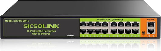 SICSOLINK 18-Port Gigabit PoE+ Switch, 16 PoE+ 2 Uplink, 250W Total, 30W/Port, IEEE 802.3af/at, Unmanaged Plug & Play, Fanless Metal, 4KV Surge Protection, Rackmount for IP Cameras