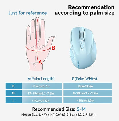 TECKNET Wireless Mouse (2.4G & BT5.0/3.0) Silent 4800 DPI Computer USB A & Bluetooth Mouse 6 Buttons, Wide Compatibility - Lightblue