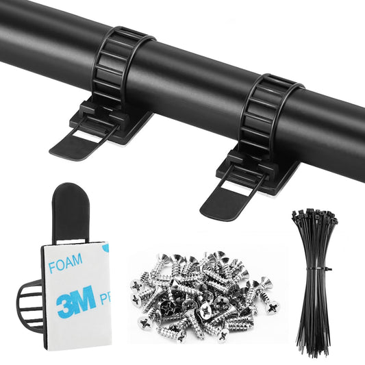 100Pcs Adhesive Cable Management Clips with 50Pcs Zip Ties, Adjustable Nylon Cable Strap Ties Wire Clips Clamps Organizer with Strong Adhesive Tape, Extra Screw & Hole - 3.55 Inch Black