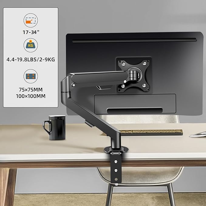 Monitor Arm Desk Mount Single 17-34 inch Portable Adjustable Vesa Stand Gas Spring Desktop Bracket 4.4 to 19.8 lbs with Clamp and Grommet Screen Up to 34 inch Computer pc M5-B