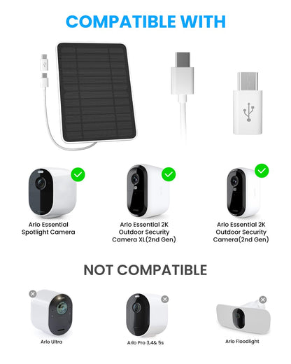 Solar Panel Charger Compatible with Arlo Essential 2K Outdoor(2nd Gen)/Essential XL Camera(2nd Gen)/Essential Spotlight, 5W Solar Panel with IP65 Waterproof 10ft Micro USB-C Cable & Wall Mount, 2 Pack