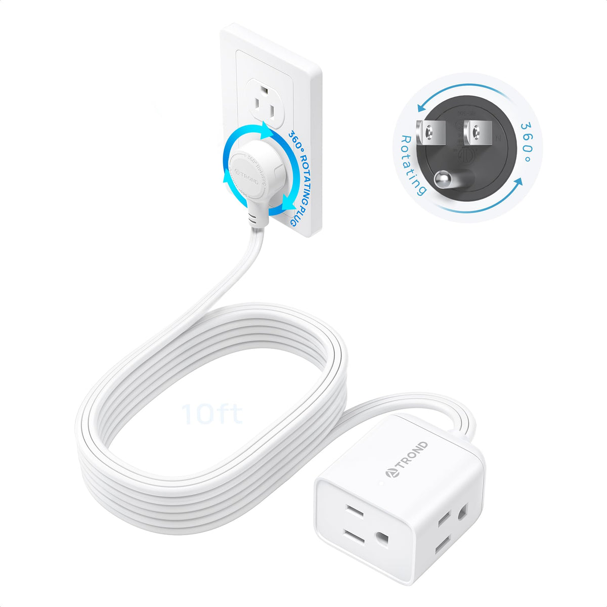 TROND Rotating Flat Plug Extension Cord Surge Protector 1.5ft, 3 AC, White