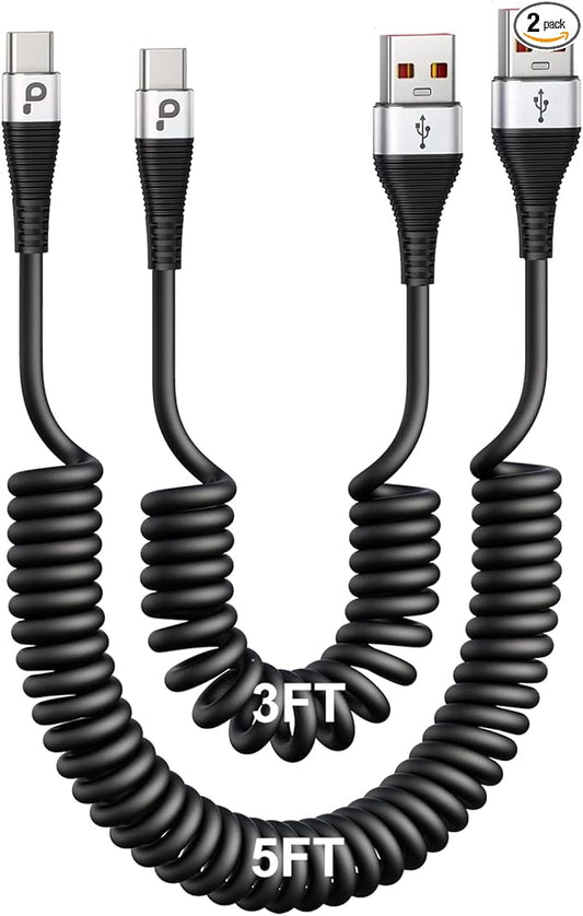 USB Type C Coiled Cable Fast Charging (3FT/5FT), 2Pack Android Auto Charging Cord for Car, Short USB A to USB C Charge Cable Compatible with iPhone 16/15/Pro Max/Samsung Galaxy S20 Note 10 and More