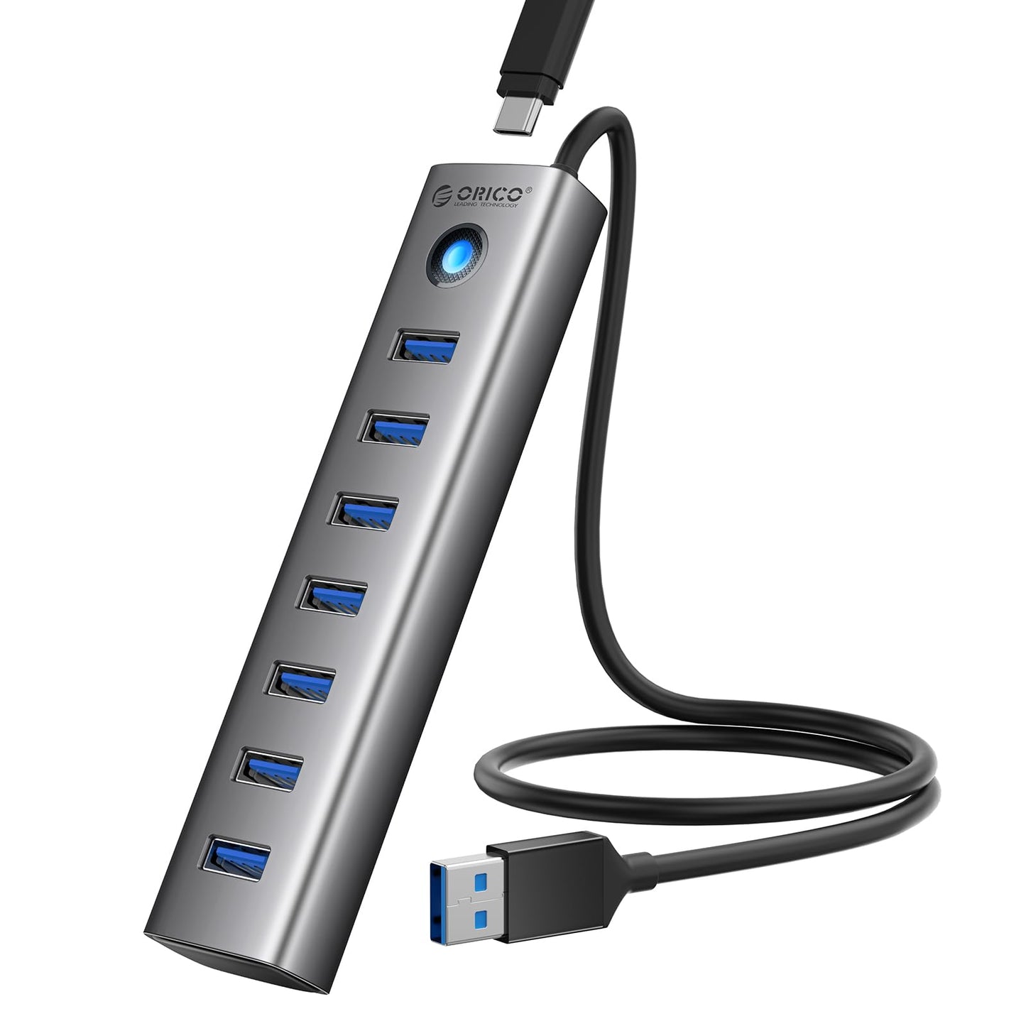 ORICO 7-Port USB 3.0 Hub, Aluminum USB Multiple Adapter, 5Gbps USB Extender USB Splitter with 1.64Ft Cable, UBS-A Hub Long Cable for Desktop, PC, Flash Drive, Mobile HDD, Windows/XPS