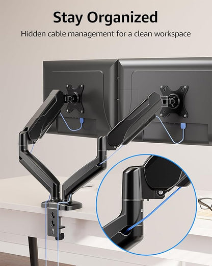 MOUNTUP Dual Monitor Stand for Desk, Pneumatic Monitor Arms for 2 Monitors Max 32 Inches, Height Adjustable Double Monitor Mount, VESA Mounts with C-Clamp & Grommet Base, Holds 4.4-17.6lbs, Black