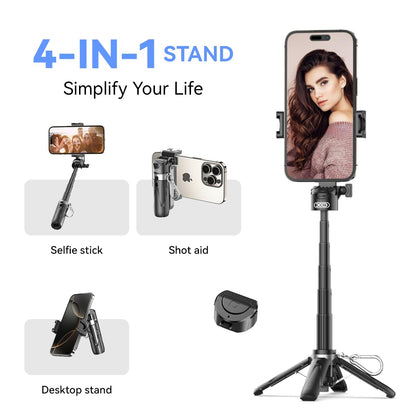Retractable Mini Tripod for Cell Phone, Portable Selfie Stick Travel Phone Tripod with Remote Control Cell Phone Holder, Sturdy & Stable Adjustable Multi-Angle Shot Selfie Stick for Video Recording