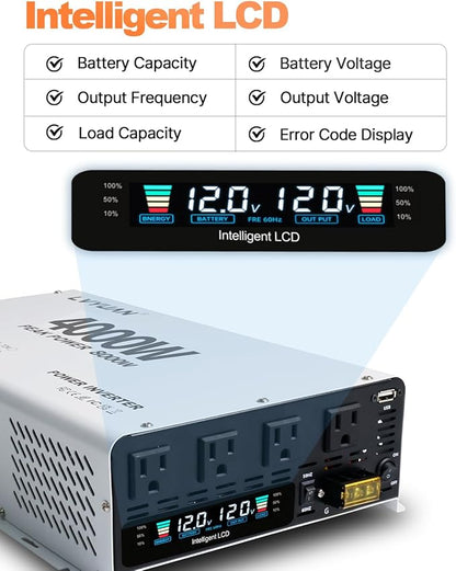 LVYUAN 4000 Watt Power Inverter 12V to 110V 120V DC to AC Converter with 4 AC Outlets, LCD Display, USB Charge Port, Remote Control for Home RV Vehicle Outdoor Camping Car Power Inverter