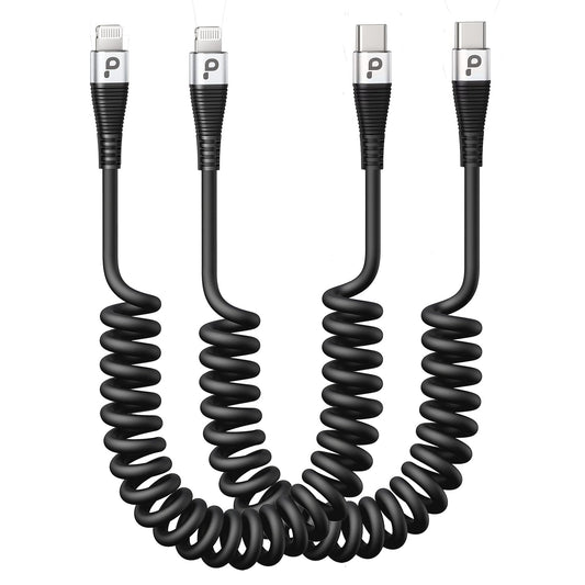 Short iPhone Charger Cable for Car, 2 Pack 3FT Coiled Lightning Cable