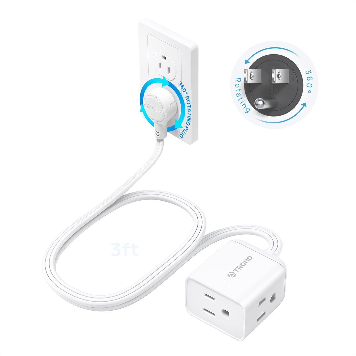 TROND Rotating Flat Plug Extension Cord Surge Protector 1.5ft, 3 AC, White