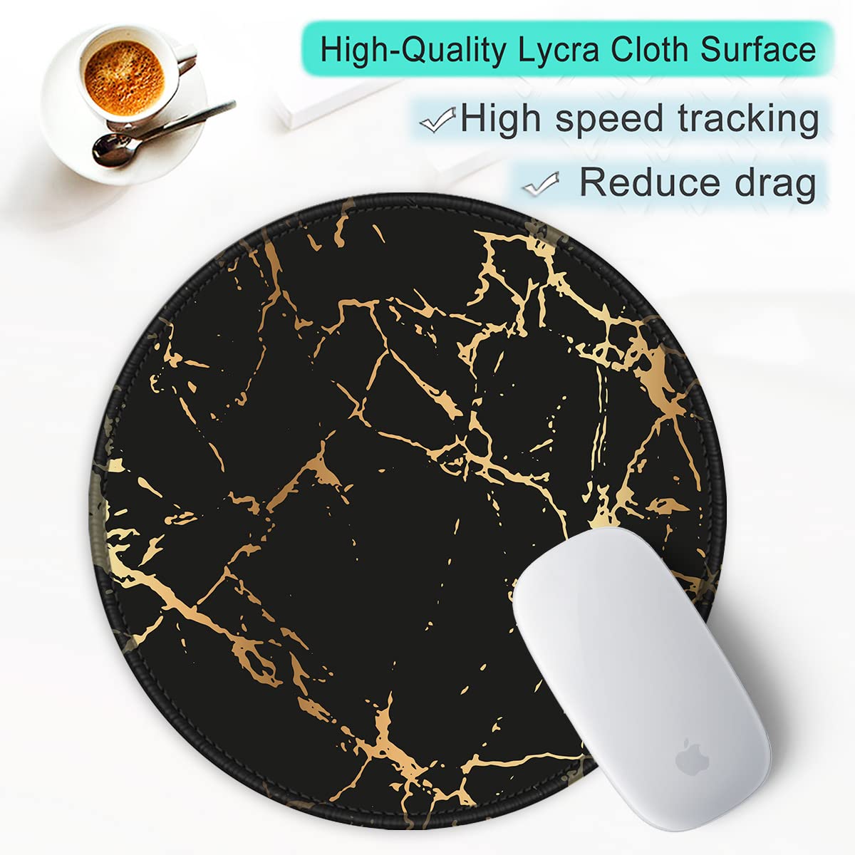 ITNRSIIET Round Mouse Pad with Stitched Edge Premium-Textured Waterproof Non-Slip Rubber Base Desktop Protection Mat Diameter 8.7 inches, Gold Texture Black Marble