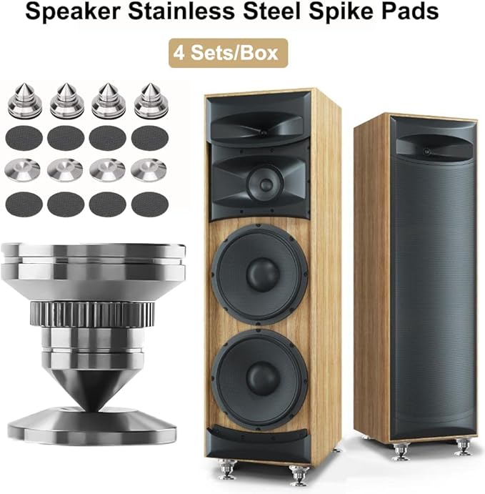 4 Sets Speaker Isolation Stand Feet, Stainless Steel Speaker Base Pads, Shockproof 28-32mm Adjustable Speaker Vibration Absorber Spike Cone Mats for Amplifier Turntable DAC Recorder CD (27x29x5MM)