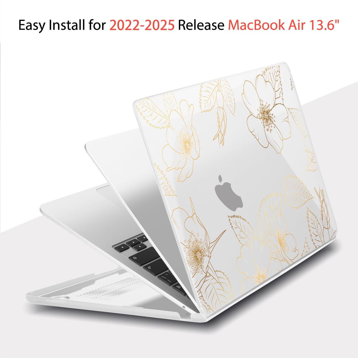 Teryeefi for MacBook Air 13.6 inch Case M5 M4 M3 M2 2022 2023 2024 2025 Model A2681 A3113 A3240 A3449 Plastic Hard Shell Cover with Screen Protector & Keyboard Cover & USB Adapter, Gold Flower Leaf