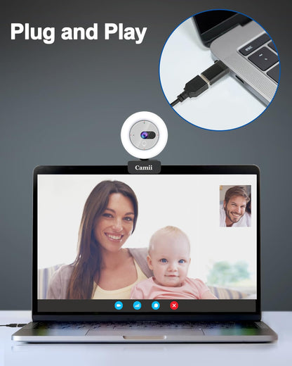 Camii 2K Webcam with Light, HD Webcam for PC with Built-in Privacy Cover, Adjustable Brightness, Noise Reduction Mics, for Zoom Skype Teams Laptop and Google Meet