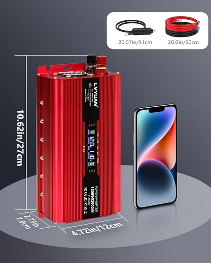 LVYUAN 1500W Car Power Inverter 12V to 110V DC to AC with 2 US Sockets, Cigarette Lighter, LCD Display, USB Ports for Car, Home, Truck, Outdoor, Camping