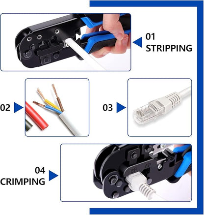 Delgada RJ45 Ethernet Crimping Tool kit,4in1 Professional Cutter Stripper Network Crimper for RJ-11,6P/RJ-12,8P/RJ-45 Crimp,with 20pcs Cat5 Cat5e RJ-45 Connectors-20PCS Covers-1 Network Wire Stripper