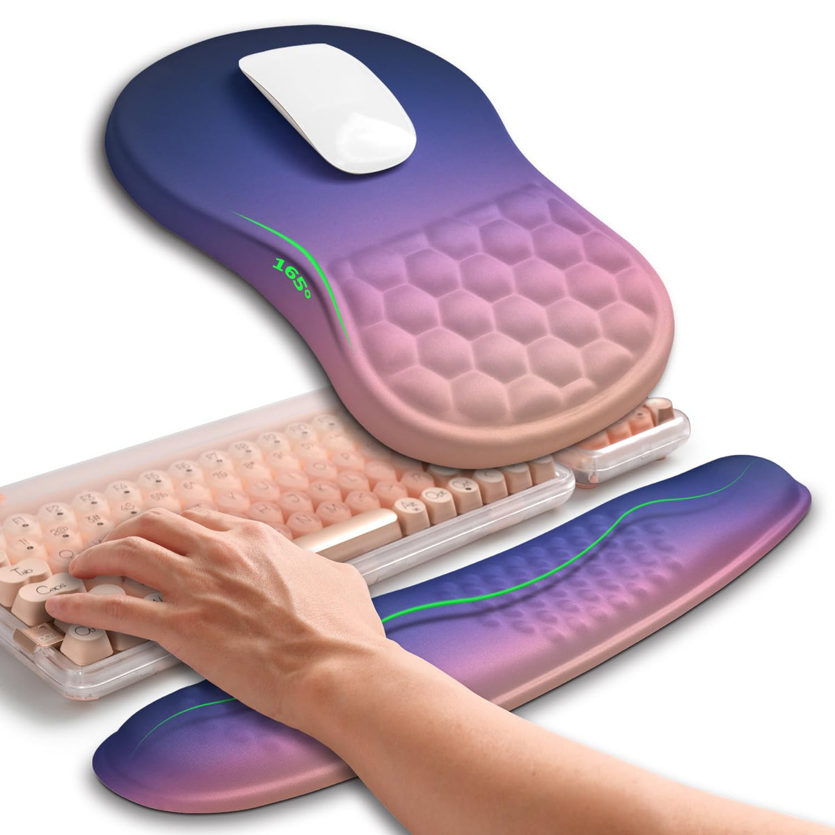 Hokafenle 2in1 Combination, Wave Keyboard Wrist Rest and Ergonomic Curvature Mouse Pad Wrist Support for Relieve Wrist Pain, Filled with Soft Cushion Memory Foam, Golden Pink Marble