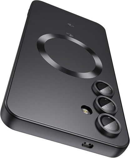 Magnetic for Samsung Galaxy S24 Case [Compatible with MagSafe][Built-in Camera Lens Protector] Slim Soft Silicone Bumper Shockproof Metallic Luster Phone Case (Black)
