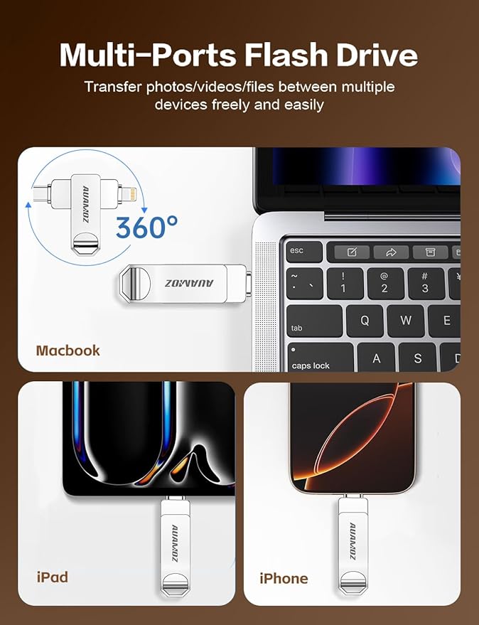 256GB Flash Drive Intended for iPhone, Memory Stick Storage Files Photos Videos Backup, Compatible with iPhone iPad Android PC, Plug and Play, No Application Required (Metal Silver)