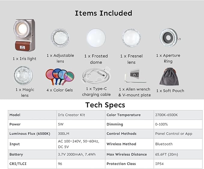 Harlowe Iris Content Creator Lighting Kit 5W Bi-Color Portable LED Light for Photography and Video Recording with Magic Lens, 2700K-6500K CRI/TLCI 96+, IP54, App Control on Camera Light Creator Kit
