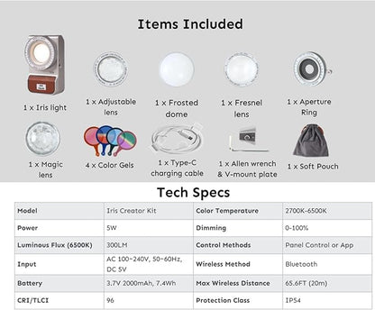 Harlowe Iris Content Creator Lighting Kit 5W Bi-Color Portable LED Light for Photography and Video Recording with Magic Lens, 2700K-6500K CRI/TLCI 96+, IP54, App Control on Camera Light Creator Kit