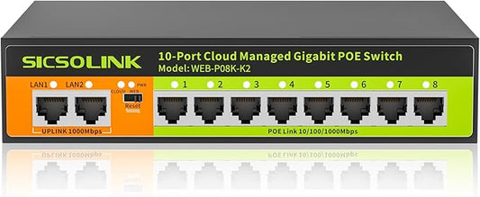 10-Port Gigabit PoE+ Switch, 8×PoE+ 120W 30W/Port, 2×Uplink, Cloud/Web Managed, VLAN, Fanless Metal, for IP Cameras, Home Office, Small Business
