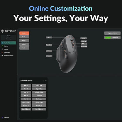 Keychron M7 8K Wireless Mouse, 30K DPI Optical Computer Mice, 2.4 GHz/Bluetooth/Wired with Macro Button 66g Lightweight Ergonomic, Up to 140 Hours Worktime for Laptop macOS/Windows - Black