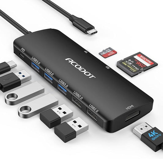 USB C Hub, 9-in-1 Multi-Port USB Adapter, 4K@60Hz HDMI, 100W Max PD, 3 USB3.0(5Gbps) + 2 USB2.0 Data Ports, SD/TF Card Reader for MacBook, iPad Pro, Dell, HP, Lenovo, Windows Laptop, Black