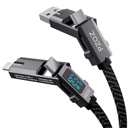 pzoz 4-in-1 USB C Fast Charging Cable with LED Display, Multi USBC Charger Combo Lightning/Type C/USB A Metal Ports for iPhone 16/15/14 Pro Max iPad MacBook AirPods Pro Samsung Google (60W, 5 ft)