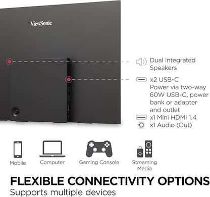 ViewSonic VX1655 15.6 Inch 1080p FHD Portable LED IPS Monitor with 2 Way Powered 60W USB C, Mini HDMI, Dual Speakers, and Built-in Stand with Tripod Mount,Black