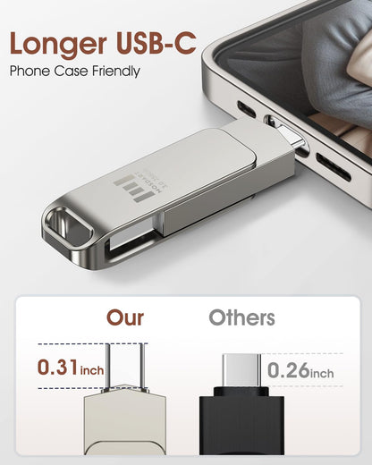 MOSDART 256GB USB C and USB A 3.2 150MB/s Swivel Dual Flash Drive, Silver