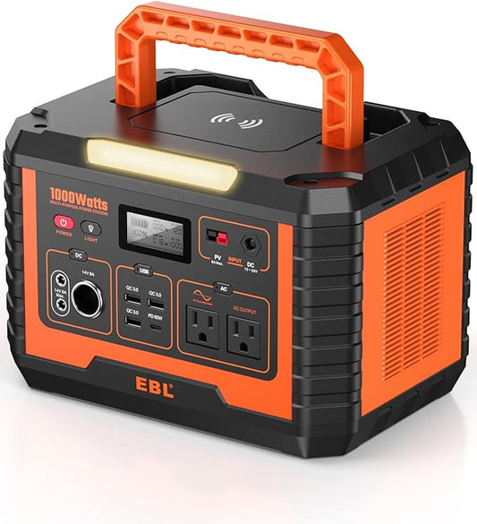 EBL Portable Power Station 1000W, 999Wh Solar Generator 2000W Peak, AC/Wireless Charging/60W USB-C Output, Lithium Battery for Emergency, Home Backup, Camping, RV, Off-Grid Living