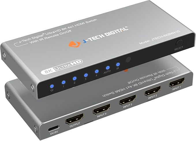 J-Tech Digital HDMI Switch 4K 120hz, 2.1 Switch 4 in 1 Out, 8K 60Hz 1080P 240Hz IR Remote Auto Switch USB C Power Cable, Compatible with HDR & Dolby Vision ALLM VRR QFT [JTECH-8KSW41C]