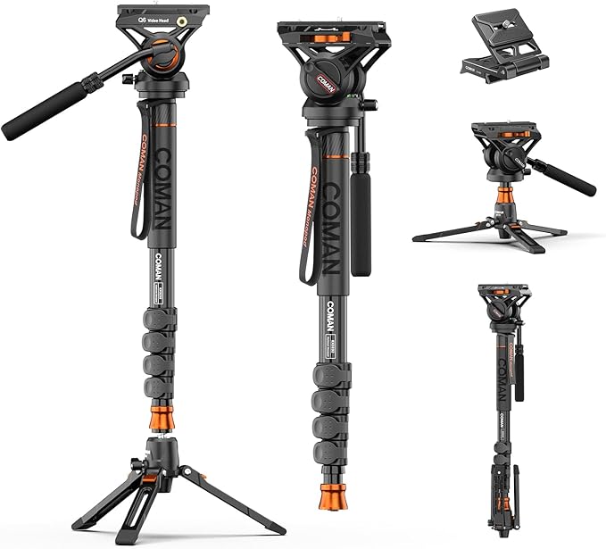 Professional Camera Monopod with Feet, 73.2 inch Aluminum Portable Travel Video Monopod with Removable Tripod Stand Base, Max Load 22 Lbs, New Q6 Fluid Head for DJI RS4 Manfrotto