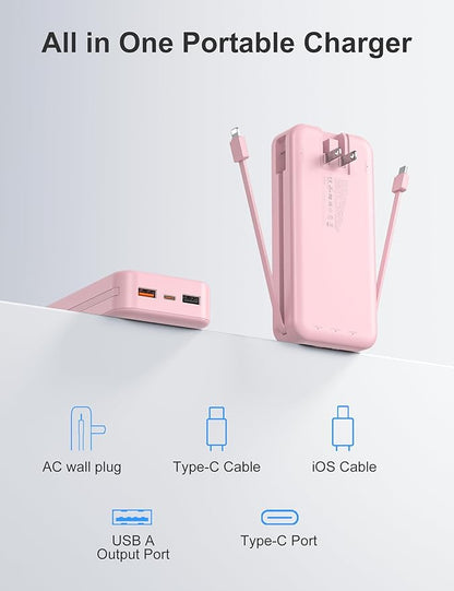 20000mAh Ultra-Portable-Charger-Power-Bank with Built in Cables&AC Wall Plug,PD20W USB-C Fast Charging Cell Phone Charger Battery Pack,LED Display Travel Battery Bank for All iPhone,Samsung,Android