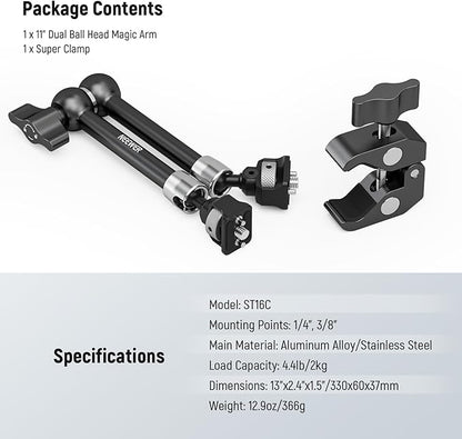 Neewer 11" Articulating Magic Arm Clamp Mount with Super Clamp, Camera Monitor Mount with 1/4" 3/8" ARRI Locating Pins & Holes for DSLR Action Camera Video Light Compatible with SmallRig Cage, ST16C