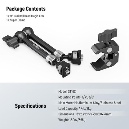 Neewer 11" Articulating Magic Arm Clamp Mount with Super Clamp, Camera Monitor Mount with 1/4" 3/8" ARRI Locating Pins & Holes for DSLR Action Camera Video Light Compatible with SmallRig Cage, ST16C