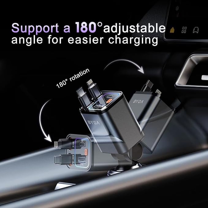 Fast Charger 4 in 1 Retractable Car Charger 69W with Starry Light,USB-C Fast Car Accessories,Compatible with All iPhones All Android Phones (Grey, Lightning & USB-C/Without Starry)