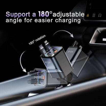 [2025 Mirco-Version] 4 in 1 Retractable Car Charger,69W Car Charger USB C,Cigarette Lighter Adapter,Fast Charging for iPhone 16e/16/15/14,13,Android (Purple, for Lightning+USB-C)