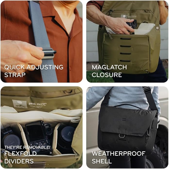 Peak Design Everyday Messenger V3 13L, Kelp, Weatherproof Camera and Work Bag with Laptop Sleeve, Expandable, MagLatch Closure, FlexFold Dividers, Fits 13" Laptop, Messenger Bag for Men and Women