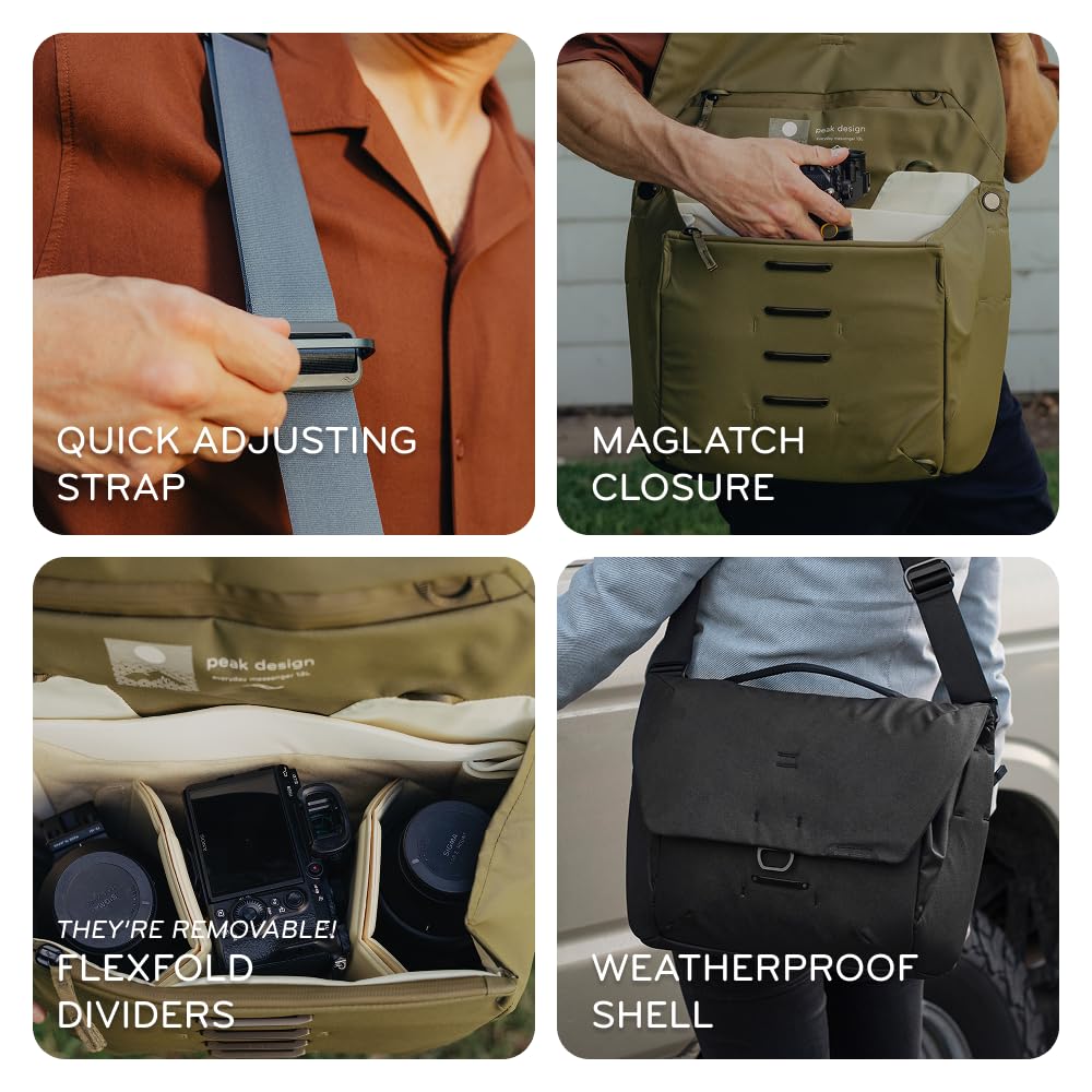 Peak Design Everyday Messenger 13L, Kelp, Weatherproof Camera and Work Bag with Laptop Sleeve, Expandable, MagLatch Closure, FlexFold Dividers, Fits 13" Laptop, Messenger Bag for Men and Women