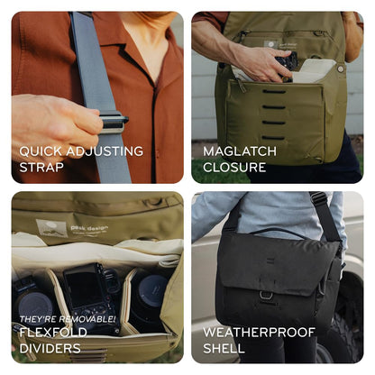 Peak Design Everyday Messenger 13L, Kelp, Weatherproof Camera and Work Bag with Laptop Sleeve, Expandable, MagLatch Closure, FlexFold Dividers, Fits 13" Laptop, Messenger Bag for Men and Women