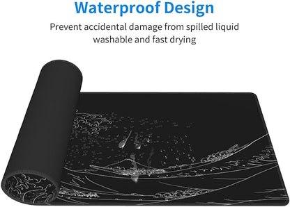 Japanese Sea Wave Large Mouse Pad, Anime Black Gaming, Extended Kanagawa Mat Desk Pad, 3mm Thick Long Non-Slip Rubber Base Mice Pad, 31.5 X 11.8 Inch