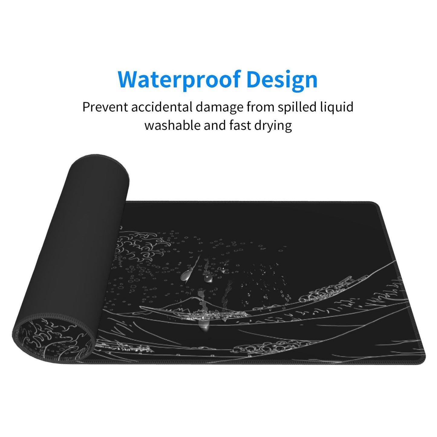 Japanese Sea Wave Large Mouse Pad, Anime Black Gaming, Extended Kanagawa Mat Desk Pad, 3mm Thick Long Non-Slip Rubber Base Mice Pad, 31.5 X 11.8 Inch