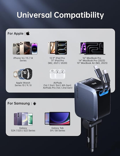 Retractable Car Charger, Car Accessories, 72W Fast Charging USB C Car Charger with 4FT Retractable Cables and 2 Ports, for iPhone 16 15 14 13 12, Samsung etc Warm Grey