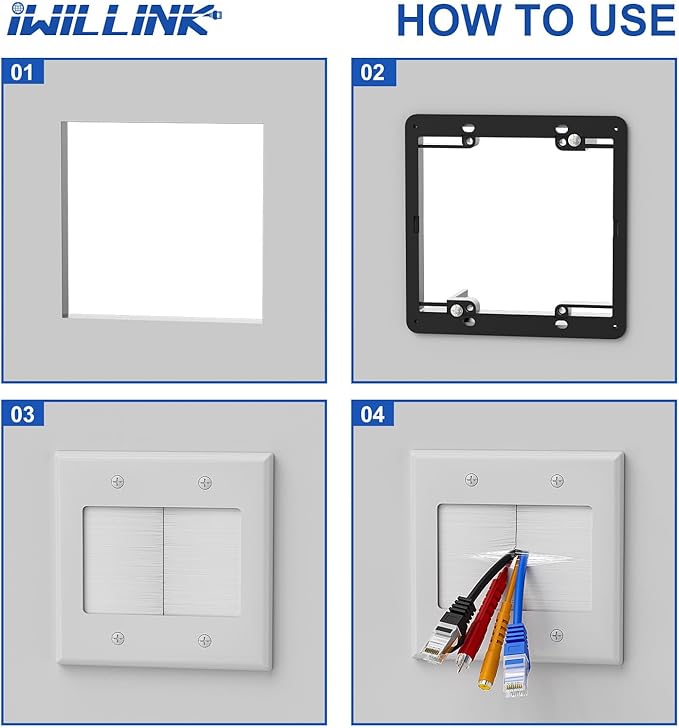 iwillink 2 Gang Brush Wall Plate with Mounting Bracket, Pass Through Wire Hider for Cable Management, Ethernet Cables, HDMI Cables and Home Theater Systems, 2 Pack