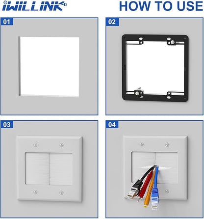 iwillink 2 Gang Brush Wall Plate with Mounting Bracket, Pass Through Wire Hider for Cable Management, Ethernet Cables, HDMI Cables and Home Theater Systems, 2 Pack