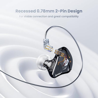 BASN Bsinger Professional in Ear Monitor Headphones, Dual Drivers 2-Pin IEM Earbuds with Mic, Clear Sound HiFi Earphones for Musicians Drummers and Stage (Black, 2-Pin)